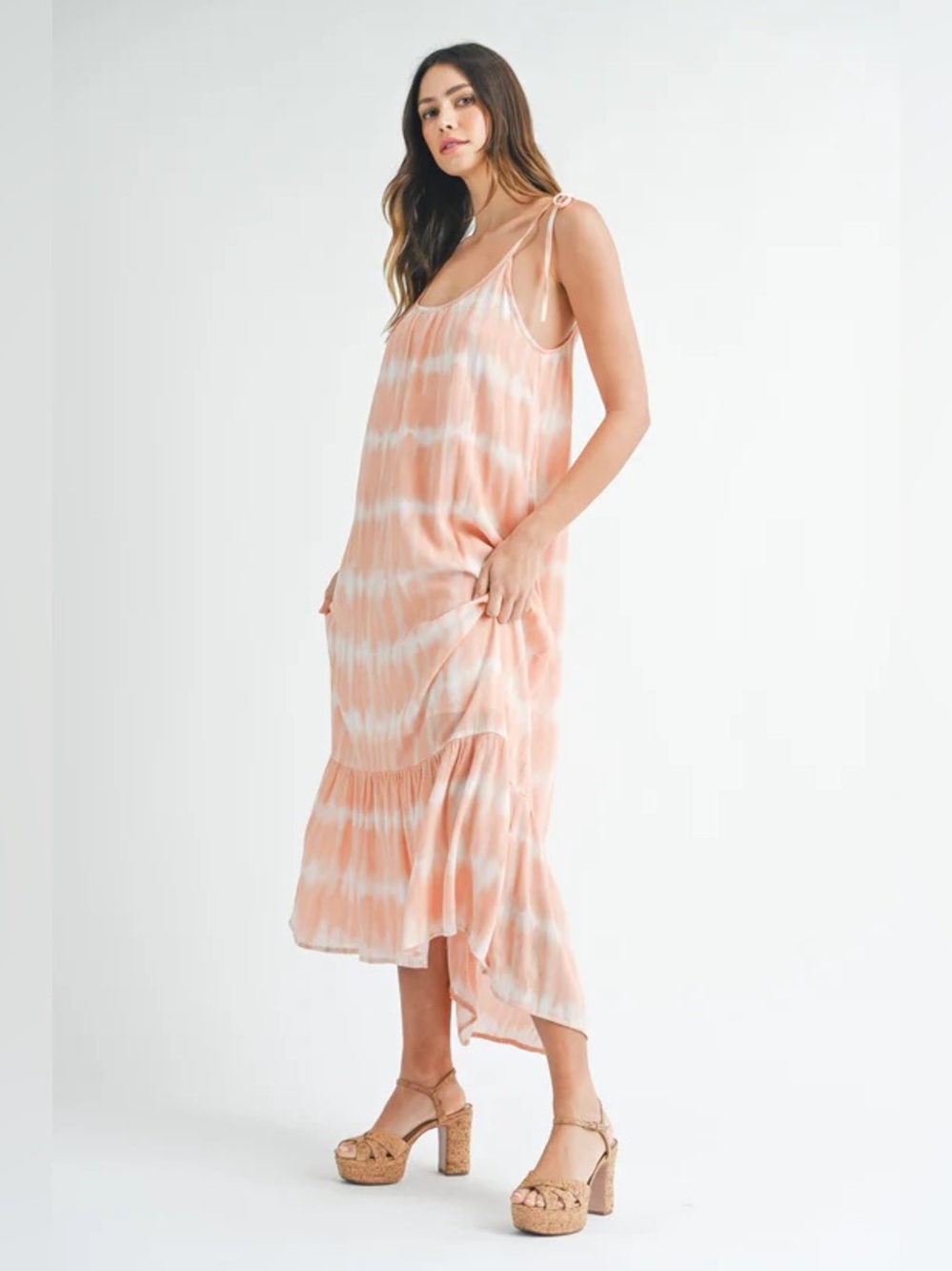 Tie-Shoulder Maxi Dress in Peach & White